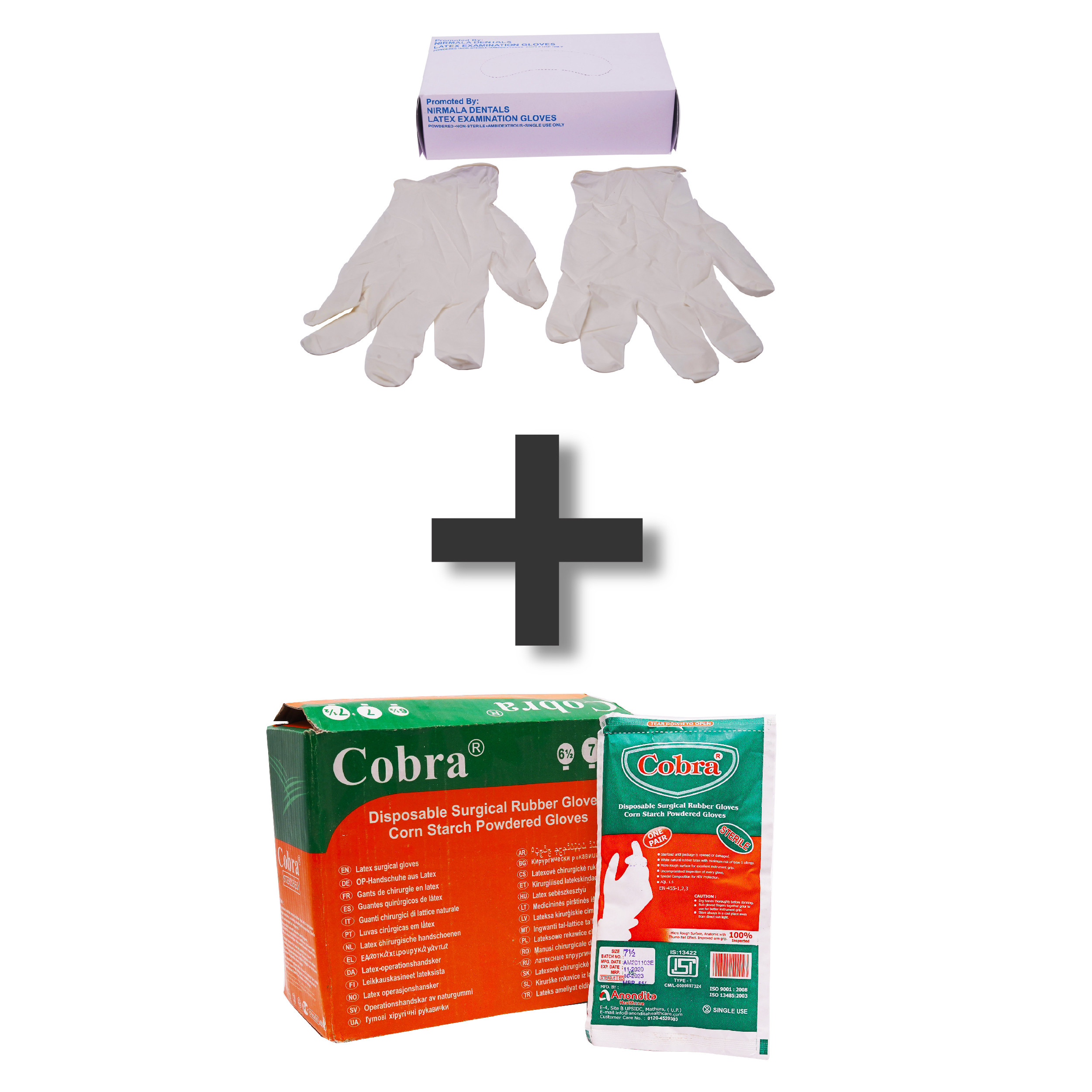 Cobra Disposable Surgical Rubber Gloves (Corn Starch Powdered Gloves) 50pcs Sterilized with Latex Examination Gloves 100 pcs Free